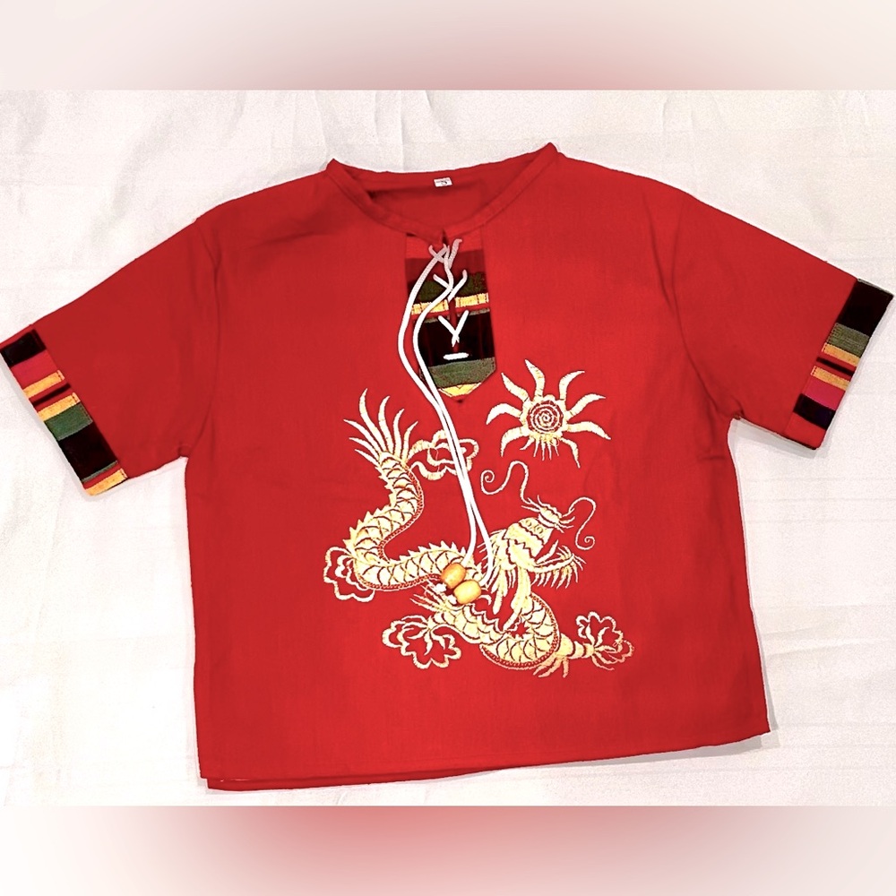 Kids - Red Tribal Costume with Gold Dragon Chasing the Sun  Embroidery Unisex